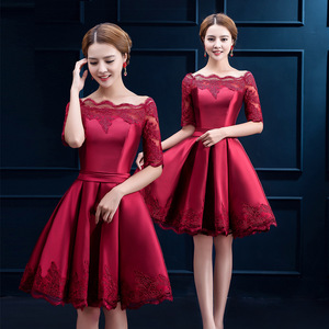 New autumn red bride wedding dresses winter seven minutes short sleeve wedding evening dress evening dress