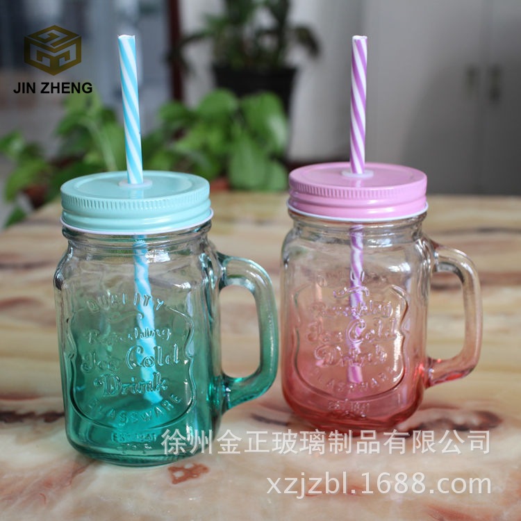 厂家 复古雕花梅森瓶带把配套环保玻璃瓶 透明渐变色饮料瓶