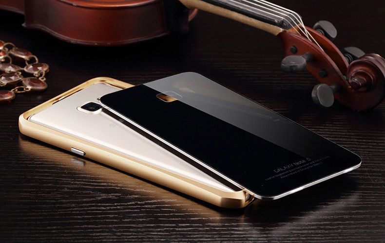 Luphie Aircraft Aluminum Metal Frame 9H Tempered Glass Back Cover Case with Kickstand for Samsung Galaxy Note 5 N9200