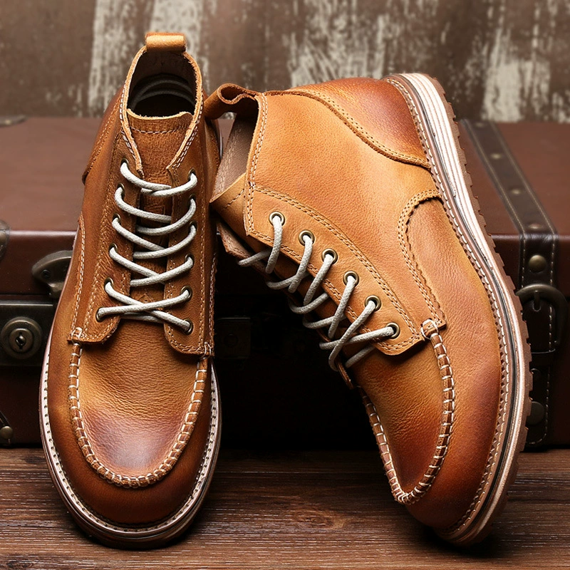 Осенне-зимние британские мужские ботинки Короткие ботинки оптом из натуральной кожи с круглым носком и высоким верхом, однотонные Ботинки Martin на плоской подошве, рабочие ботинки на шнуровке, мужская обувь