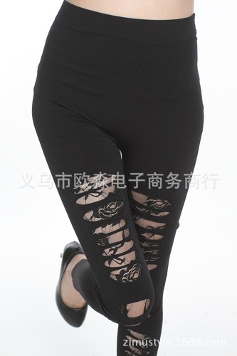 9640 European & American Seamless Ripped Lace Sexy Rose-Design Hollow Leggings Sheath Pants
