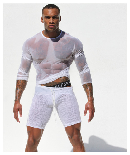 DAYU men's sexy long-sleeved T-shirt transparent mesh sexy top mesh casual home wear