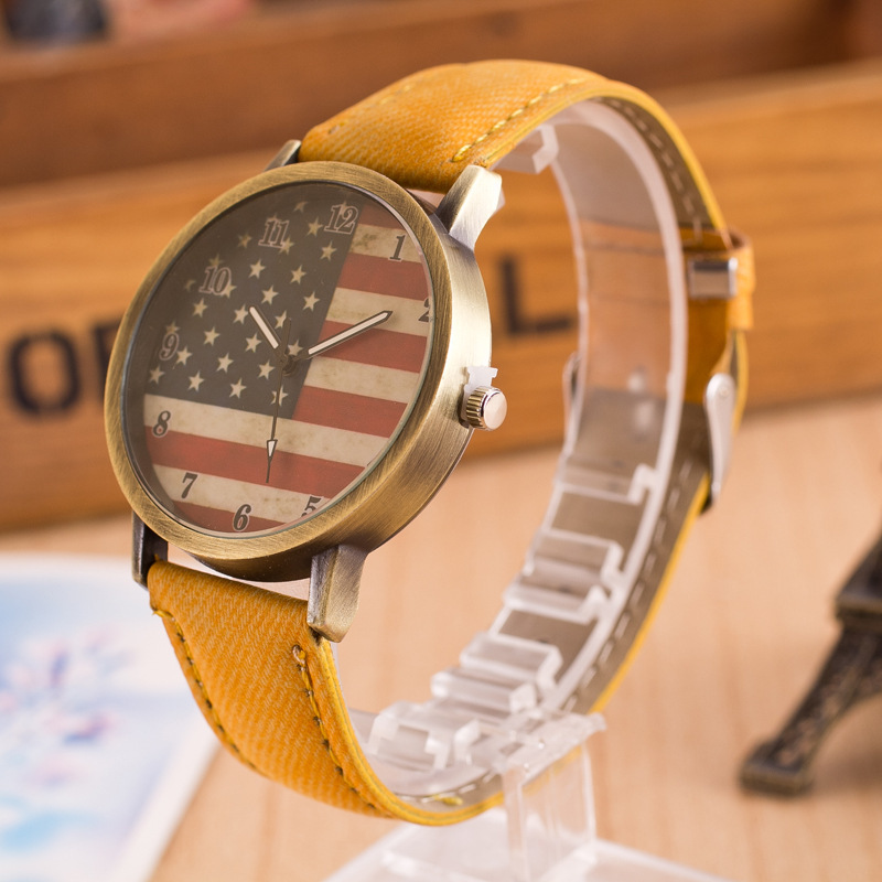 新款复古原宿涂鸦手表 韩国牛仔布简约美国国旗个性帆布表带手表