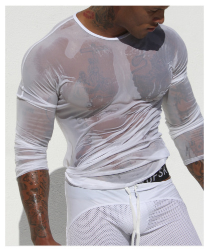 DAYU men's sexy long-sleeved T-shirt transparent mesh sexy top mesh casual home wear