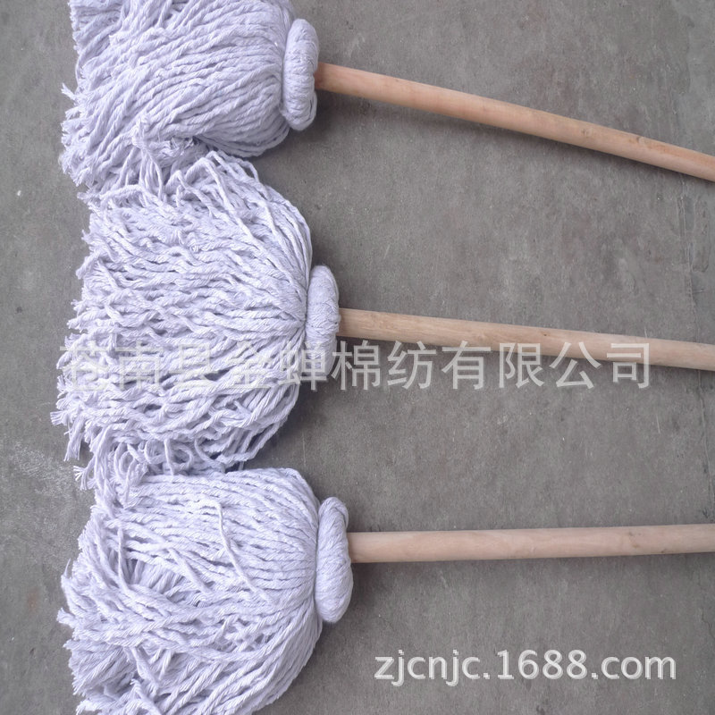 Handmade Wire-Tied Wooden Mop with Cotton Yarn, Simple Cloth Strip Tie-Style Round-Head Mop with Wooden Handle