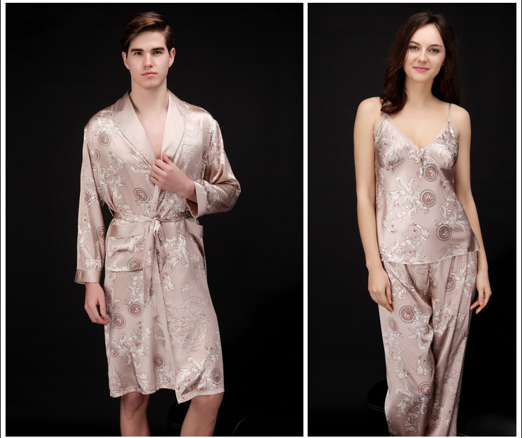 Yaoting Ice Silk Couple Pajamas Women's Summer Three-Piece Set Long Sleeve Men's Robe Bathrobe Loungewear_voghion.com