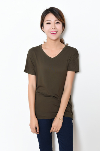 Summer wear Korean plus-size large women's pure color cotton V-neck women's short-sleeved T-shirt base shirt