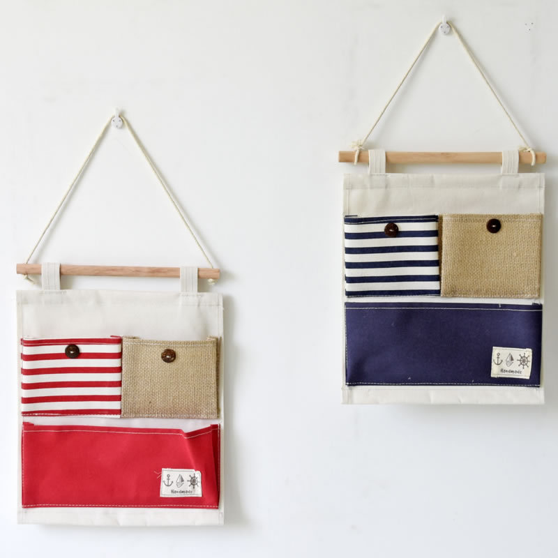 Zakka cotton and linen plain striped patchwork storage bag multifunctional 3-pocket storage hanging bag/wall bag 0627