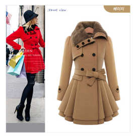 欧美女装修身中长款毛呢外套 双排扣加厚大衣
