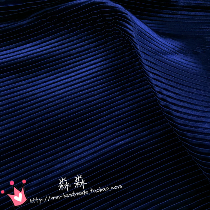 服装布料 藏青色细条纹风琴褶压皱百褶仿真丝色丁 不透裙子面料