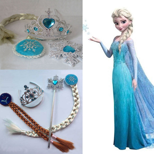 A children's accessory set including a dress-up gown, princess crown, snowflake-studded tiara, magic wand, and gloves.