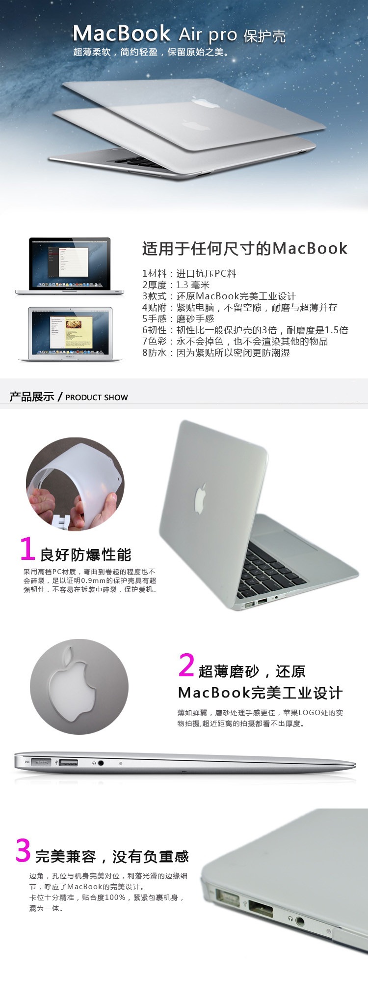 Suitable for Apple macbook 15-inch Air14 Pro 13.3M 12-channel transparent matte shockproof notebook case Specification drawing