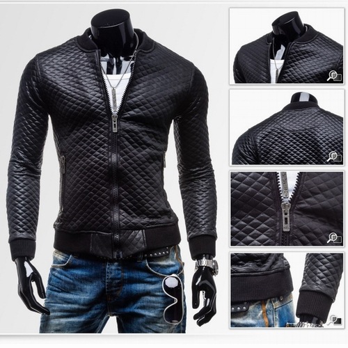 Autumn and winter new men's slim Plaid cotton padded short leather casual stand collar washing motorcycle leather coat