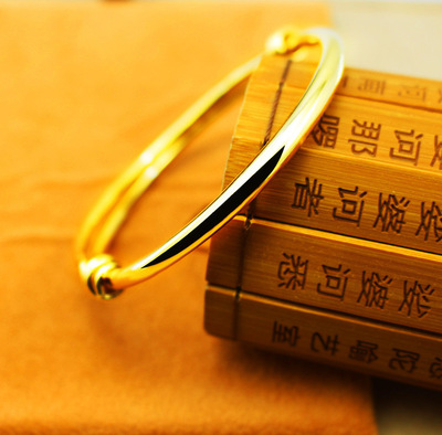 沙金铜镀金材质打造光面手镯 满天星推拉圆肚可调镀金手镯