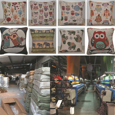 厂家批发 外贸定位色织提花抱枕面料 猫头鹰大象靠垫棉麻布料现货