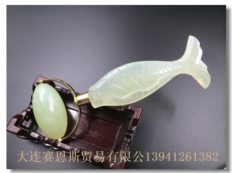 玉推_天然玉石 面部按摩器 岫玉 滚轮玉轮玉推