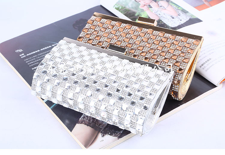 Crystal Dinner Bag Horizontal Pu Diamond Clutch Bag Square Rhinestone Bag Evening Bag display picture 7