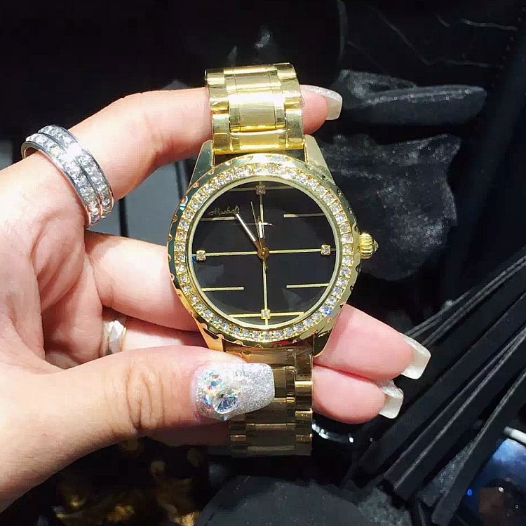 New marcelee durable rhinestone yellow gold black face women's fashion watch steel belt