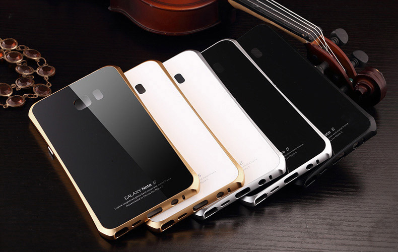 Luphie Aircraft Aluminum Metal Frame 9H Tempered Glass Back Cover Case with Kickstand for Samsung Galaxy Note 5 N9200