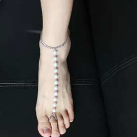 2015新款欧美原单夸张戒指一体脚链珍珠链条chain脚链 anklet