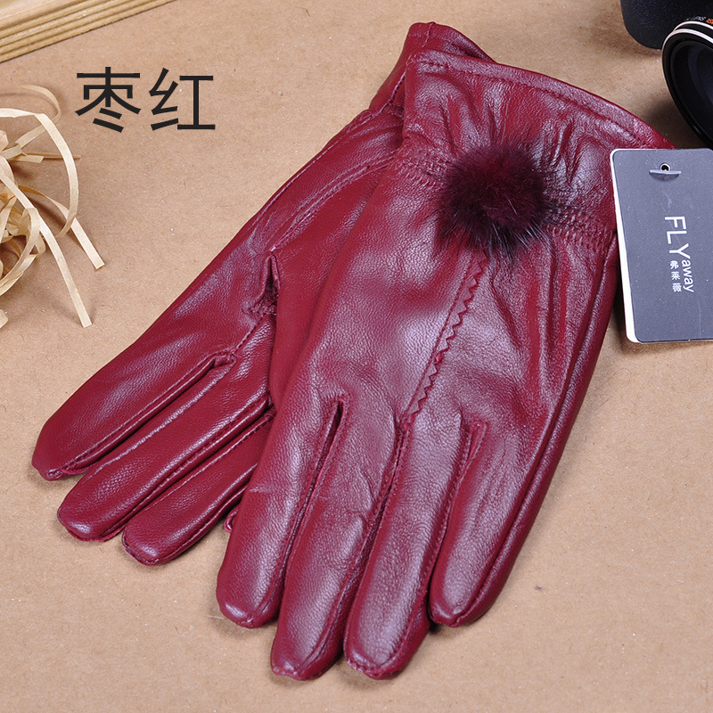 Haining Leather gloves Sheepskin gloves Sheepskin lady winter Warm gloves Mink ball models of water