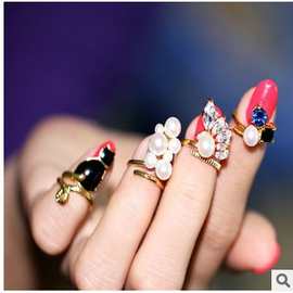 蓝淘 韩版宝石猫咪珍珠珍珠指甲美甲关节戒指指环四件套