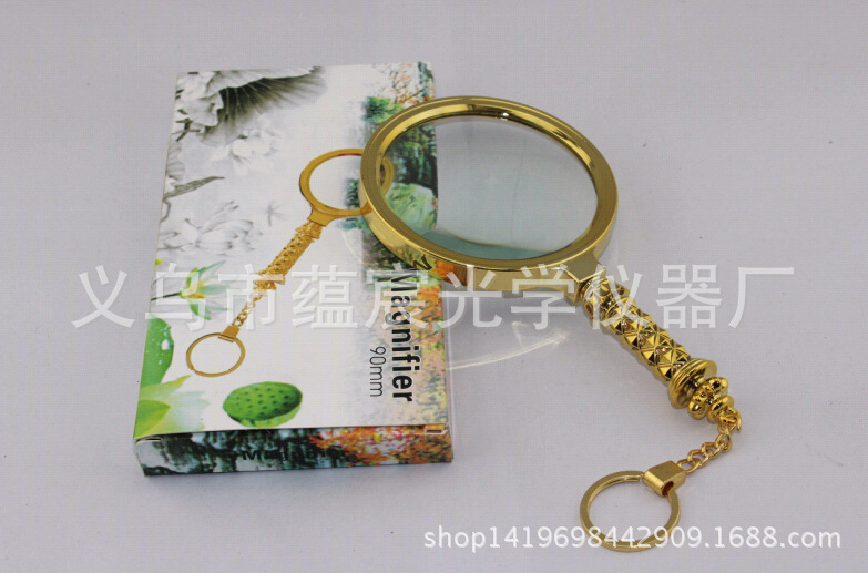 90mm大号手持式镀金金属边框 金色挂扣 花柄放大镜 雕花手柄