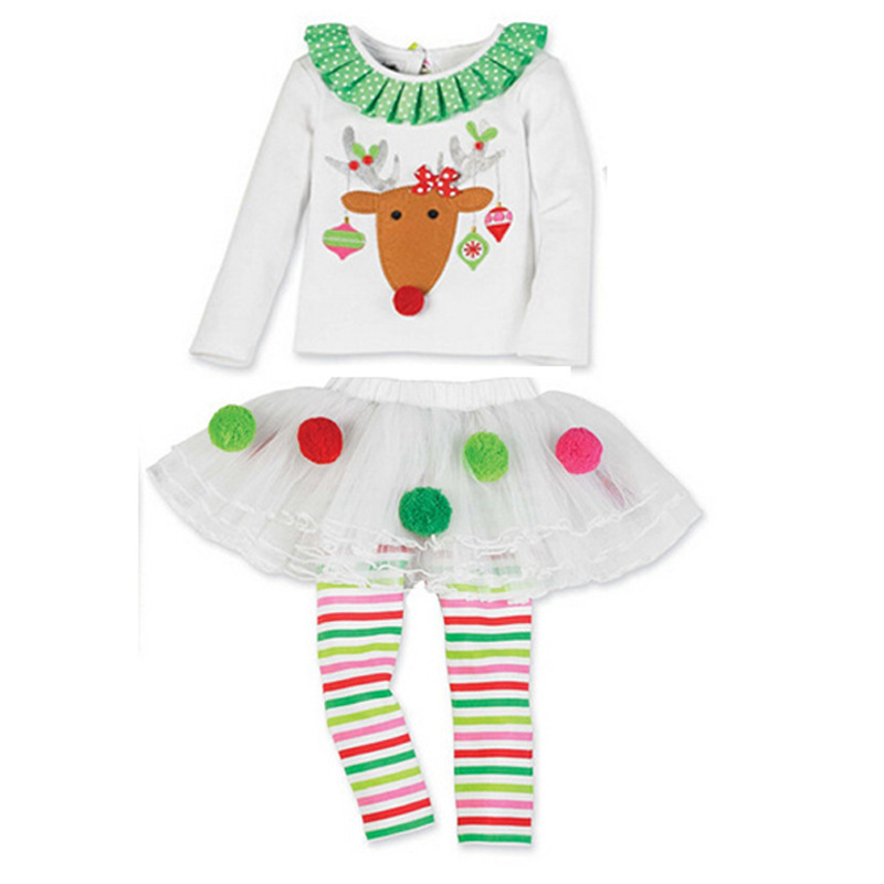 Christmas Girl Elk Print T-shirt + puffy striped pantsuit_viptrois.com