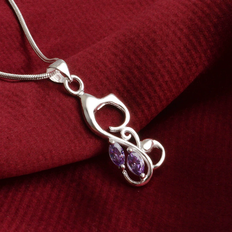 Серебряное plated? Wait 'Ins silver plated super flash amethyst cat necklace wholesale hibiscus stone jewelry clavicle chain pendant'