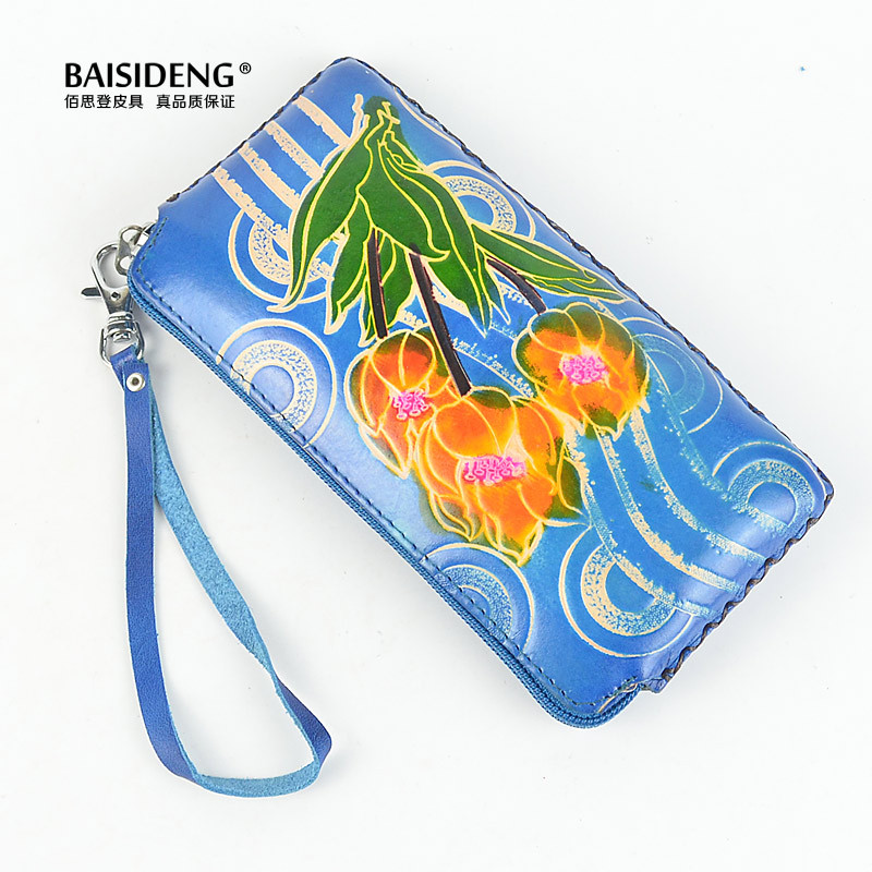批發時尚民族風純手工頭層牛皮萌彩繪零錢包壓花手機包廠家直銷