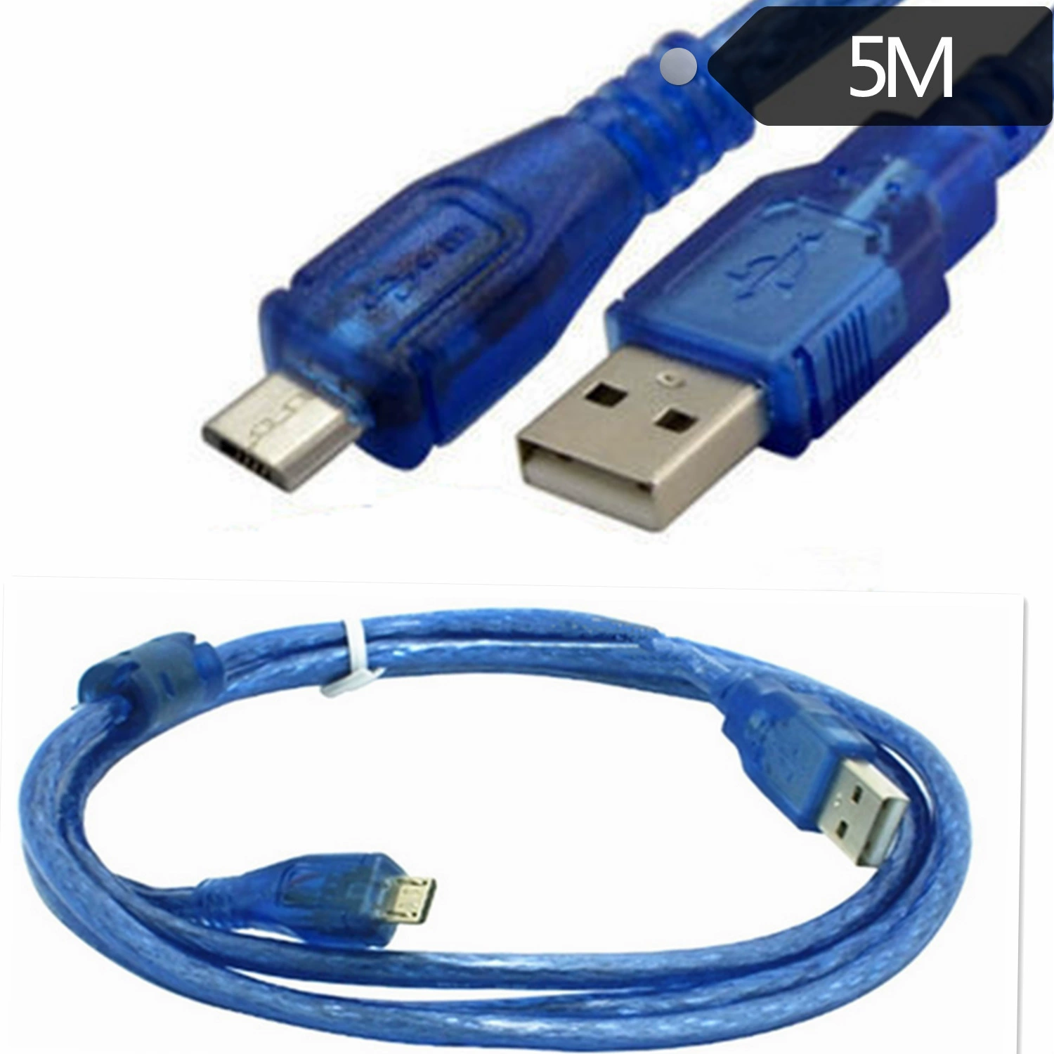 USB‑кабель microUSB для зарядки мобильного телефона, дата‑кабель, автомобильный соединительный кабель, 5 метров, прозрачный синий, один магнитный фильтр