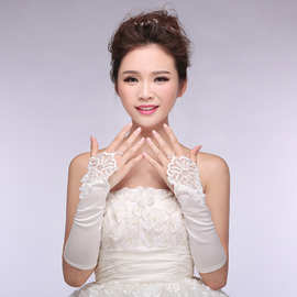 代发新款韩式新娘结婚手套婚纱花边缎面四季长款结婚手套白色配件