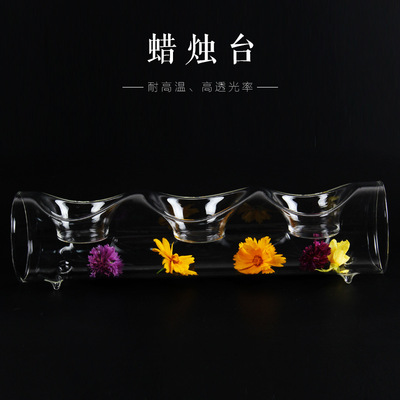 玻璃三眼烛台创意台灯酒吧装饰定制LOGO酒店透明蜡烛台工艺品欧式|ru