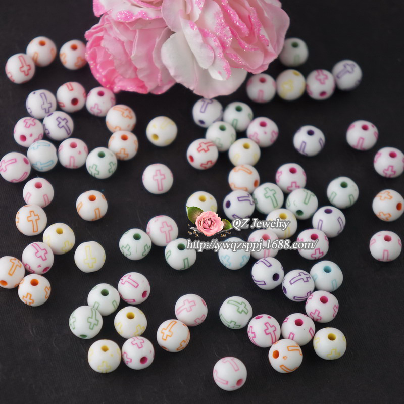 儿童早教益智道具珠子 亚克力白色十字架花纹圆珠diy直孔散珠详情图4