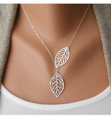 懷琅 歐美外貿 簡約森系 金屬樹葉 雙葉子百搭短款項鍊鎖骨鏈