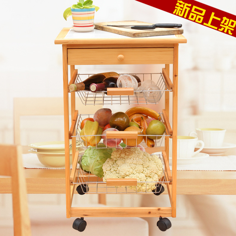 wholesale Small furniture solid wood ceramic tile Fruits Basket three layers Single row move Shelf dining car