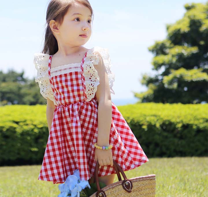 2021夏天女孩童裙 韩国新款飞袖花边格子裙 中小儿童装儿童裙子|ms
