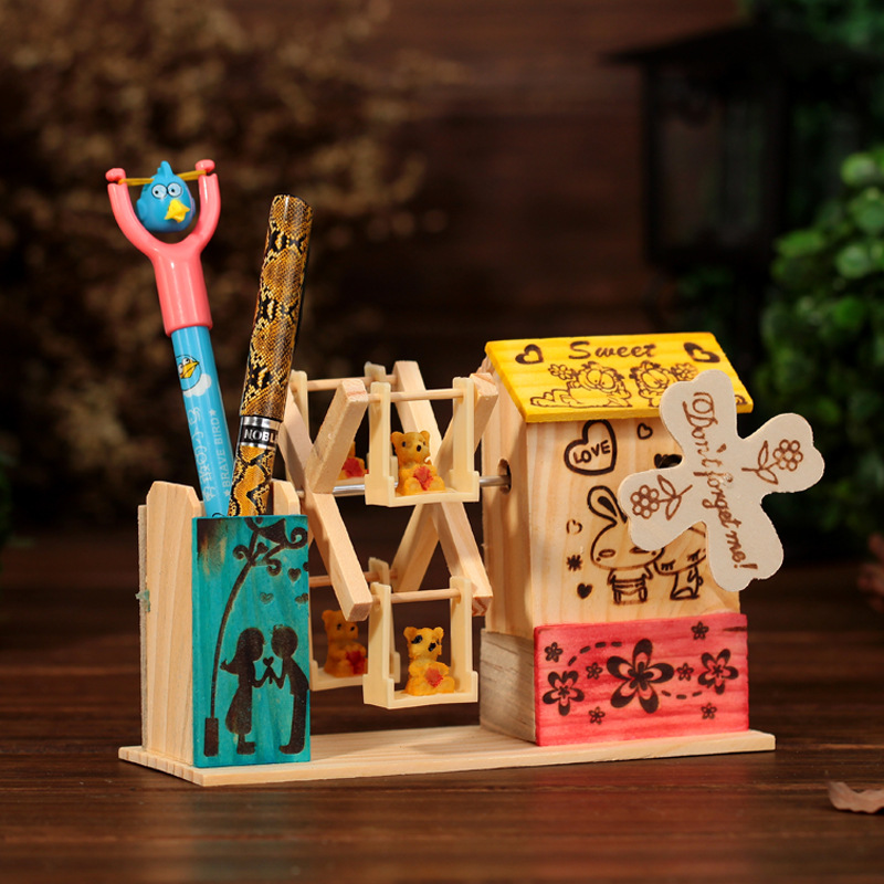 color windmill pen holder wooden music box mediterranean style music box stationery penholder decoration supply wholesale