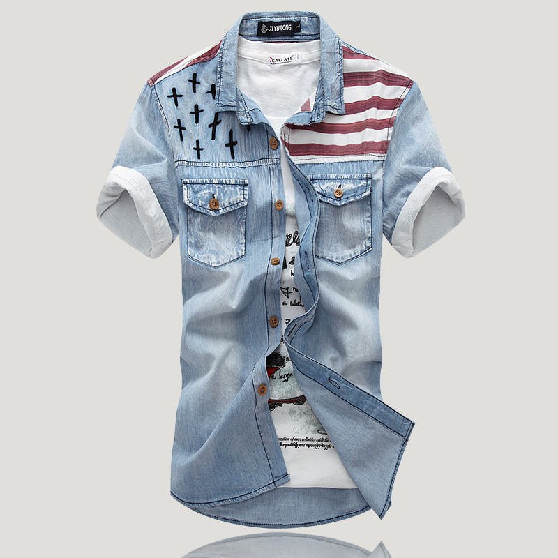 Summer new men's short sleeve large denim shirt retro personalized splicing shirt foreign trade slim inch shirt