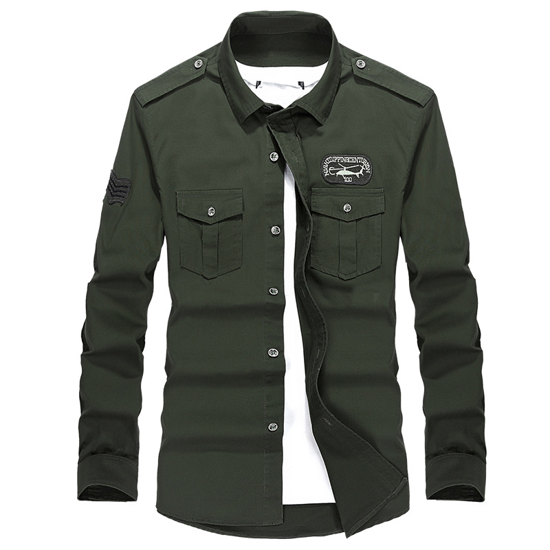 2021秋季新款男士休闲长袖衬衫 空军一号纯棉修身军装大码上衣