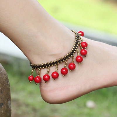 跨境复古泰国蜡线手工编织脚链波西米亚风红皮珠吊坠脚饰脚链女