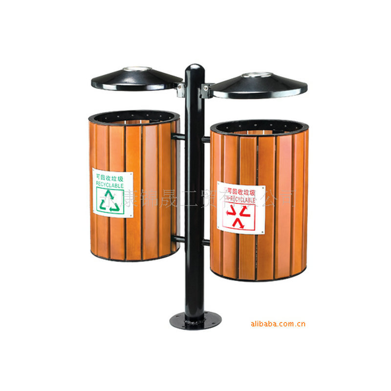 厂家直销钢木垃圾桶 公园垃圾桶保洁桶 双筒环保分类垃圾桶