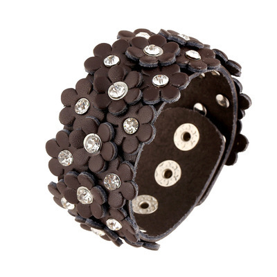 One-piece delivery European and American style popular jewelry rhinestone flower cowhide bracelet punk jewelry genuine leather bracelet
