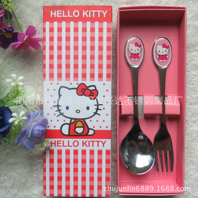 Cartoon KT Carton Two piece set Stainless steel cutlery Glue Spoon fork portable Cutlery Set