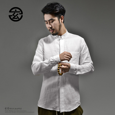 Chinese style Tang costume Original Cotton and hemp Long sleeve Spring and autumn season shirt frog Flax shirt Retro Men