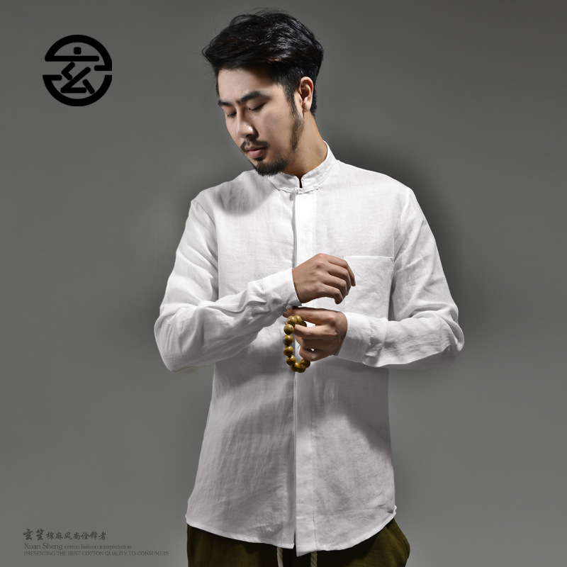Chinese style Tang costume Original Cotton and hemp Long sleeve Spring and autumn season shirt frog Flax shirt Retro Men