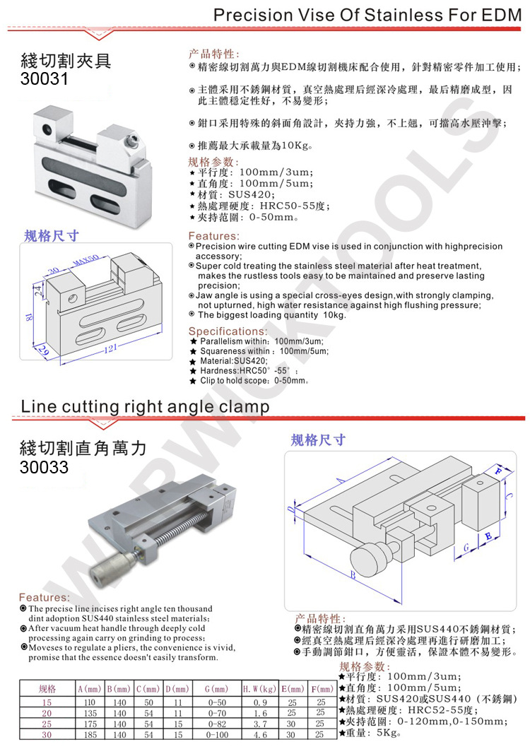 EDM块动不锈钢线切割万力 开口50MM精密块动慢走丝夹具万力 不锈钢虎钳平口钳