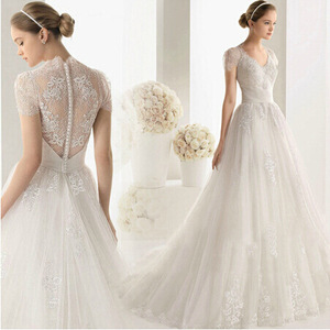 Double shoulder short sleeved V collar to show thin bride tailed wedding dresses new autumn and summer romantic lace
