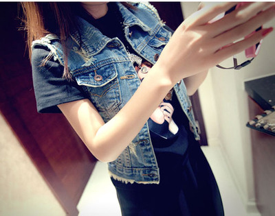 2020春夏季新款 欧美风做旧牛仔马夹背心毛边短款牛仔马甲 女