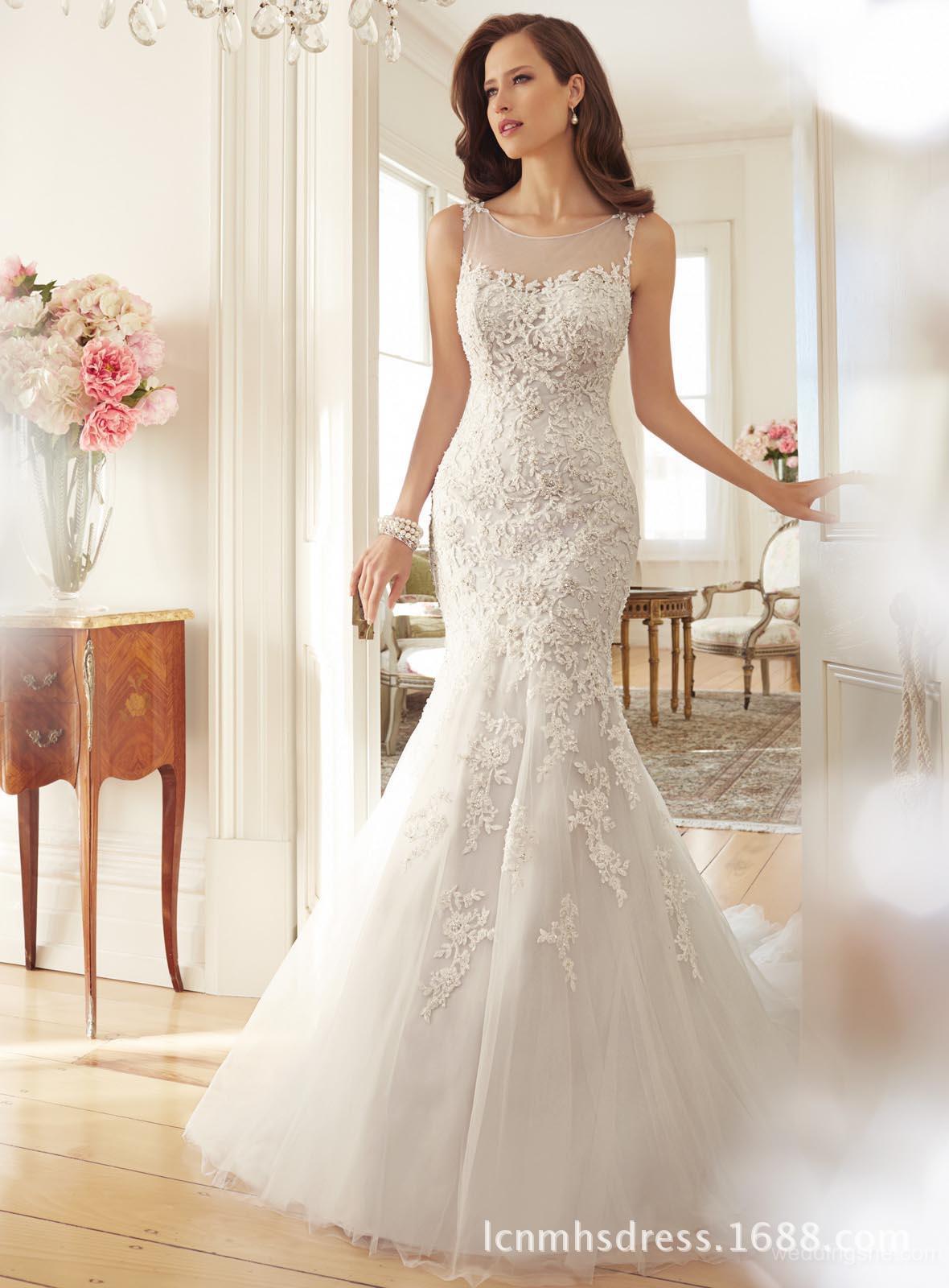 Foreign Trade European and American New Style 2025 High Round Neck Fishtail Slim Fit Hip Sexy Wedding Dress Lace Export Wedding Dress